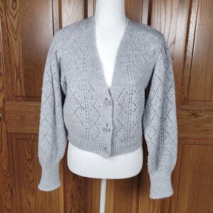 Maeve Anthopologie Cardigan Sweater Pointelle Knit Rhinestone Buttons Light Gray